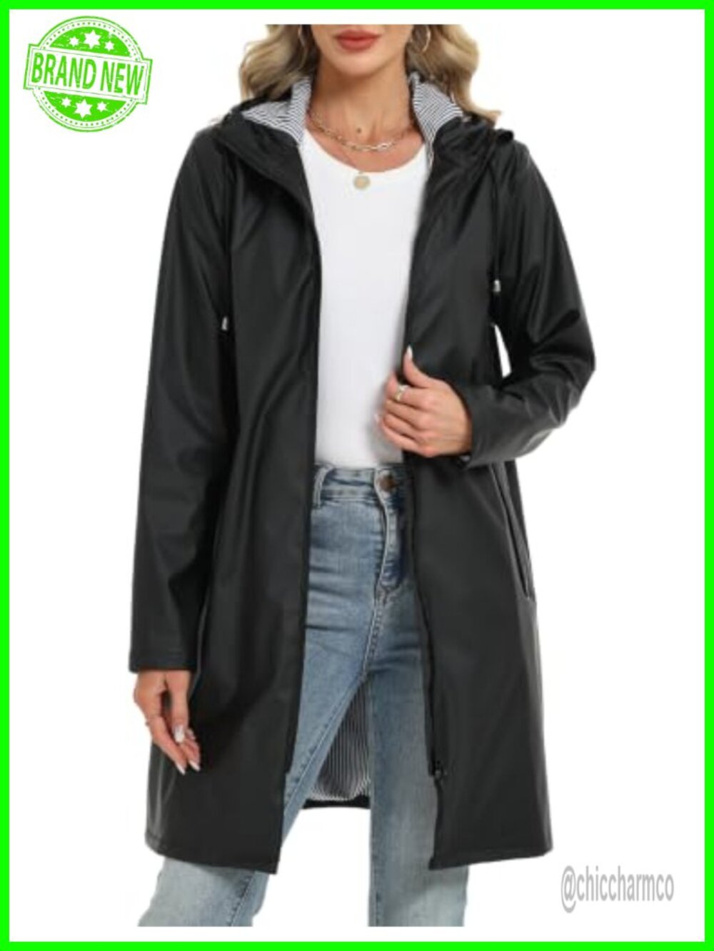 HALO RAIN Long Waterproof Raincoat Hooded Windbreaker PU Trench